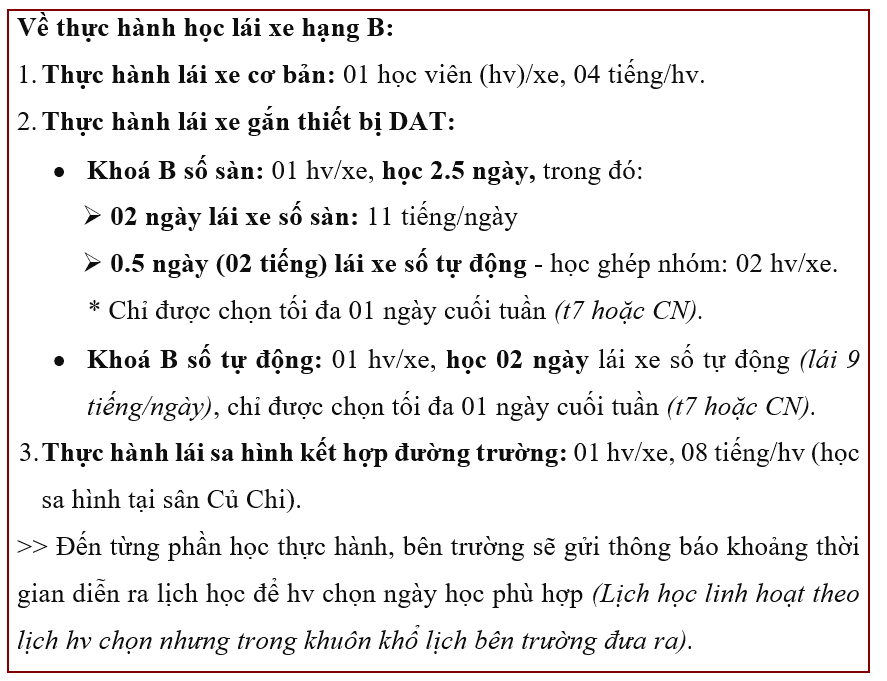 học thực hành khoá học lái xe ô tô hạng B