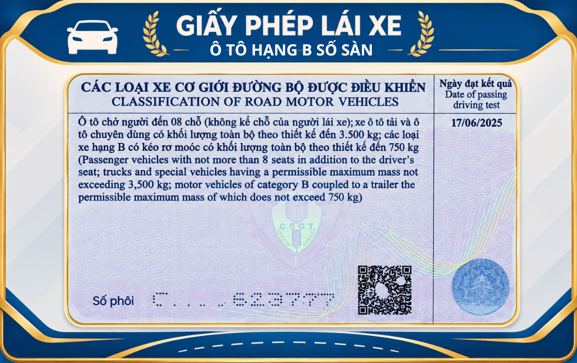 mặt sau bằng lái xe ô tô hạng B số sàn